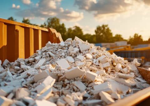 Cassone scarrabile a noleggio riempito di macerie e detriti edili in un cantiere al tramonto.