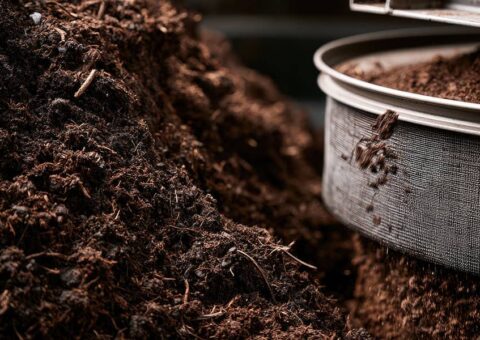 Primo piano del processo di vagliatura e setacciatura meccanica del terreno per ottenere terra vagliata fine e priva di detriti.